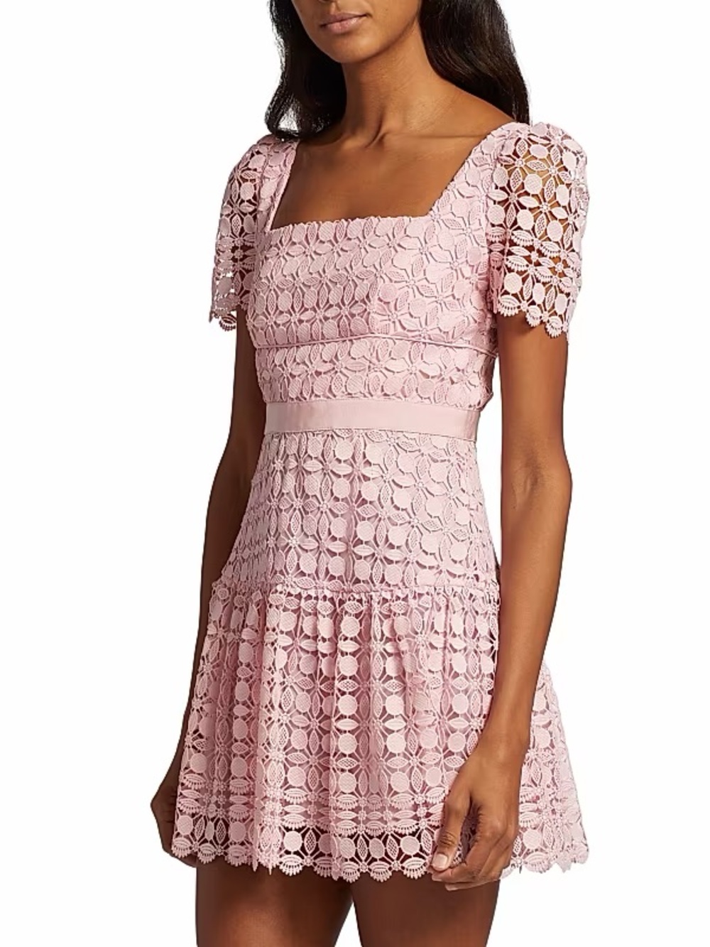 Self Portrait Tiered Lace, Lace Floral Fit-and-Flare Mini Dress in Blush Pink